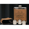 Leather Covered 7 Oz. Flask Gift Set w/ Lid Cover & 3 Shot Glasses